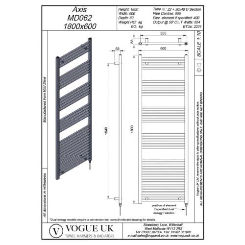Vogue Axis 1800 x 600mm Straight Ladder Towel Rail Heating Only Chrome 2231BTU MD062 MS18060CP